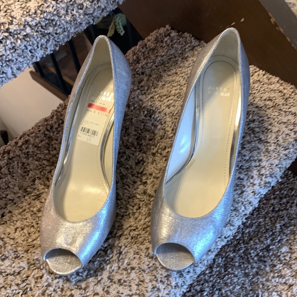 Stuart Weitzman silver opened toed pump.  Size 11M.